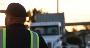 A truck driver in a reflective vest walks toward a semi truck in a training yard during daylight hours.