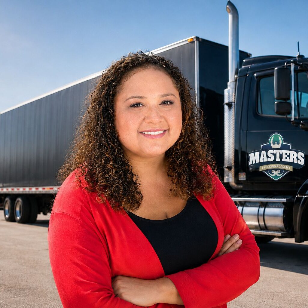Karla Costilla standing with her arms crossed in front of a well-maintained black semi-truck and shipping containers at a trucking yard.